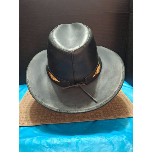 Black Western Leather Cowboy Hat With Snake Skin Band Size L - Picture 3 of 9